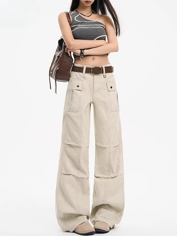 

Spring and Autumn new women's pants, apricot elastic multi pocket street dance jeans, spicy girl work pants