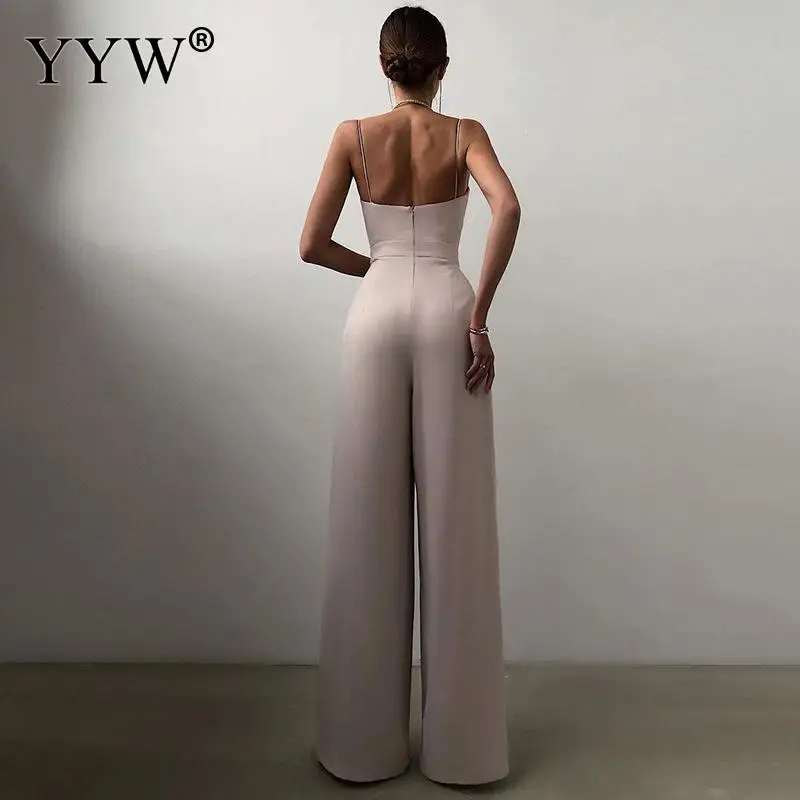 Women Sexy Backless V Neck Slim Flare Rompers Elegant Wide-leg Pants Summer Streetwear Solid Color Sling Sleeveless Jumpsuits