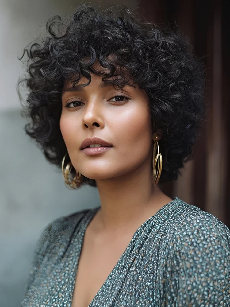 Lekker Glueless Black Short Afro Curly Bob 100% Human Hair Wigs For Women Brazilian Remy Hair Full Machine Made Colored Wigs