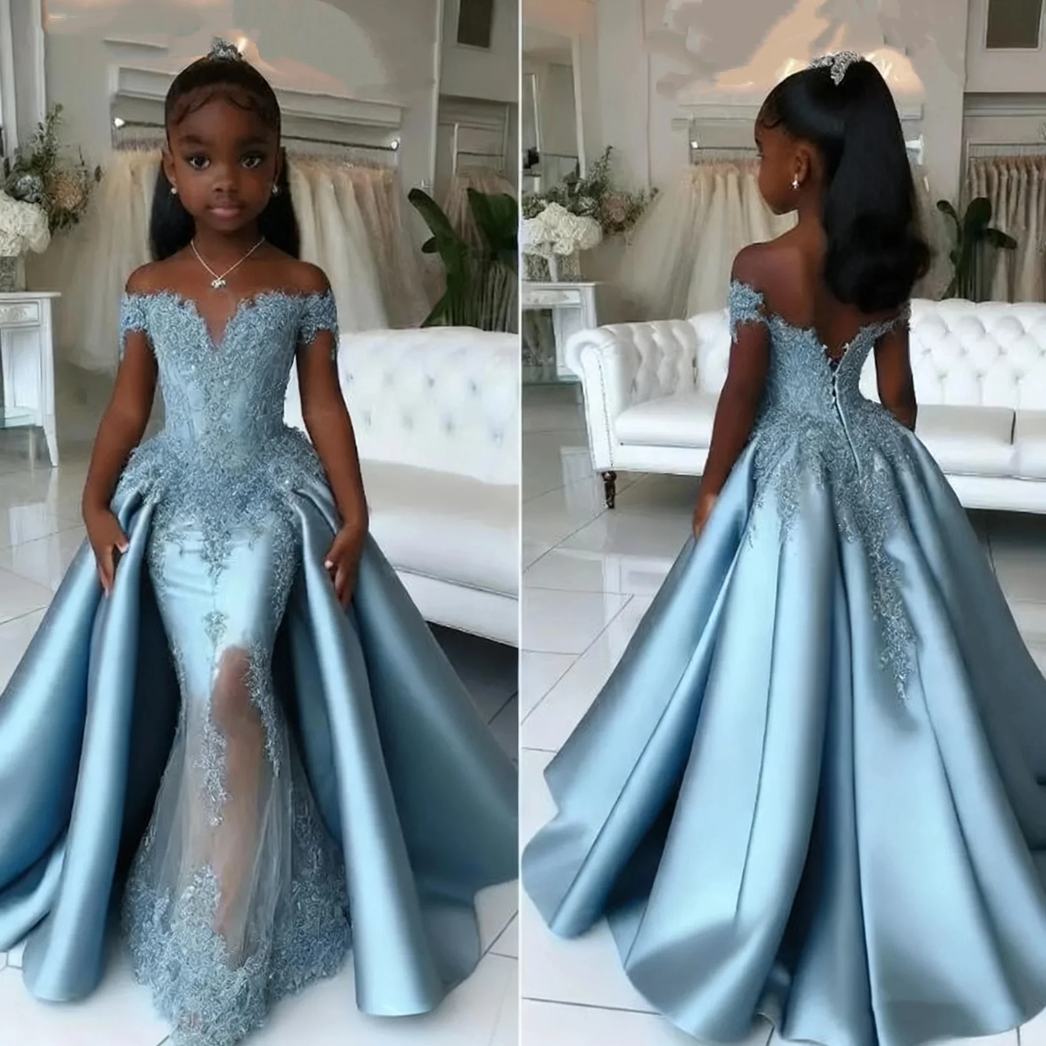Elegante satijnen op maat gemaakte bloemenmeisjesjurk voor bruiloft off-shoulder applique fishtail kinderverjaardagsfeestje eerste communiejurk