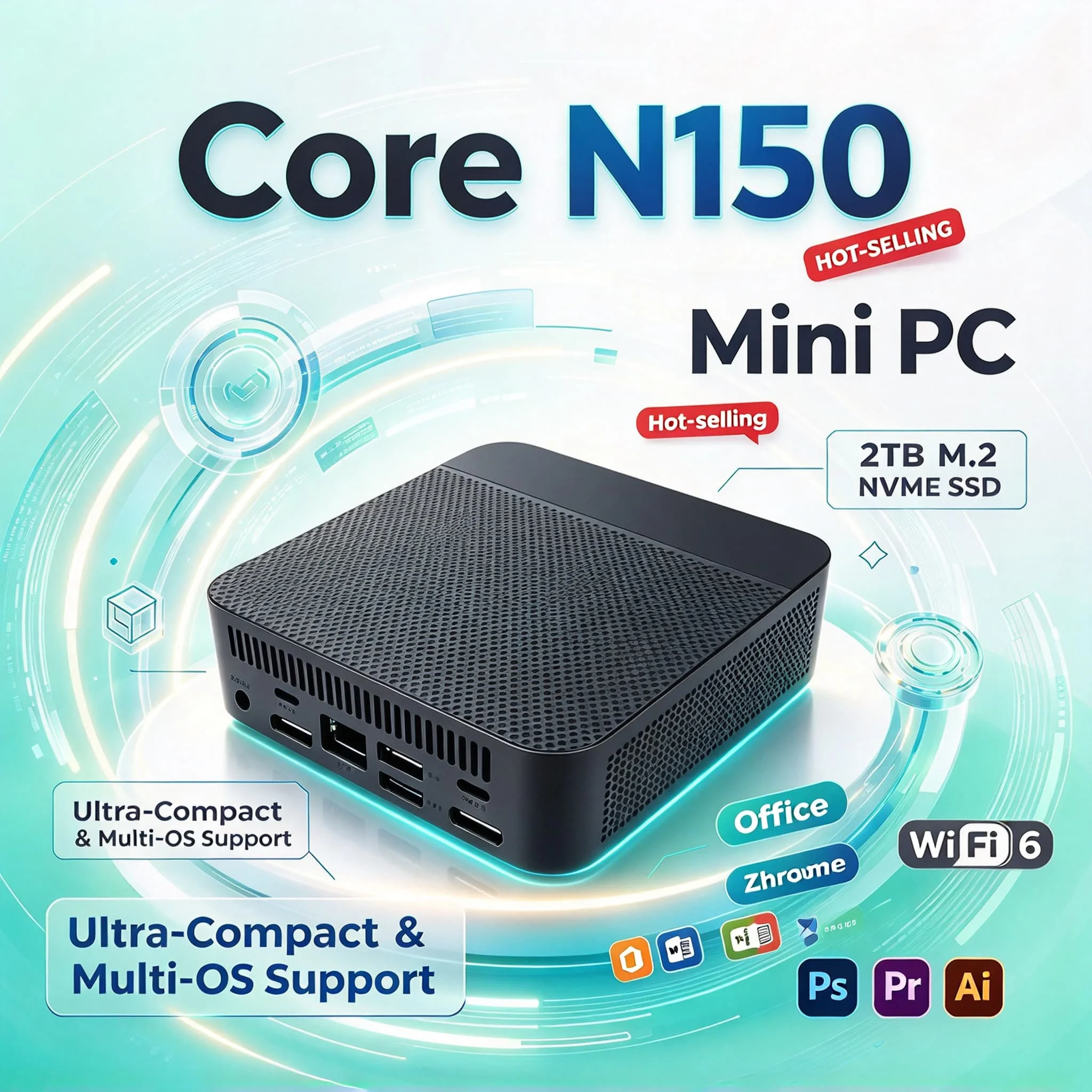 M.2 NVMe SSD Triple 4K Output WiFi6 Intel N150 Mini PC 16GB Silent Cooling Office Home Desktop Pro Ultra Fast Max System