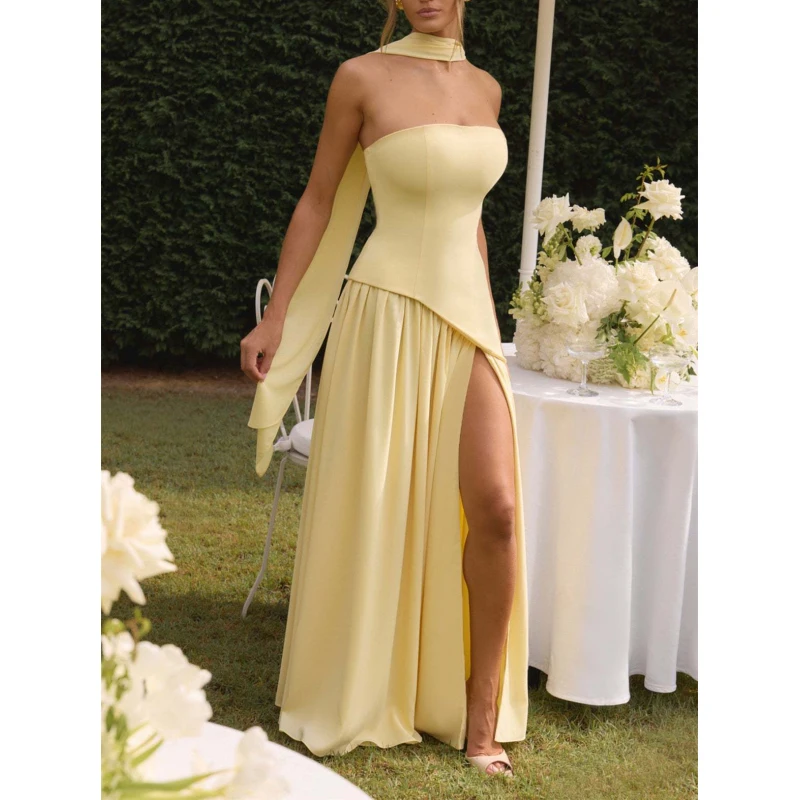 European and American sexy diagonal splicing slit dress with pleated strapless ribbon hanging neck long dress