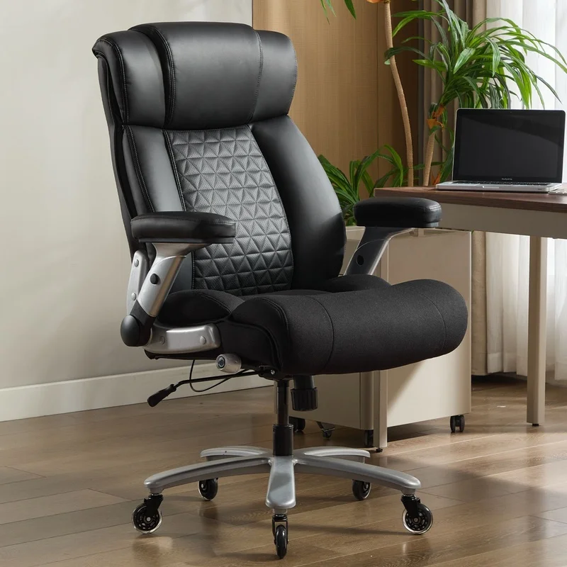 

Heavy Duty Executive Chair with Adjustable Lumbar, Wide Seat, Flip-up Armrests, Breathable Leather, Quiet Rubber Wheels