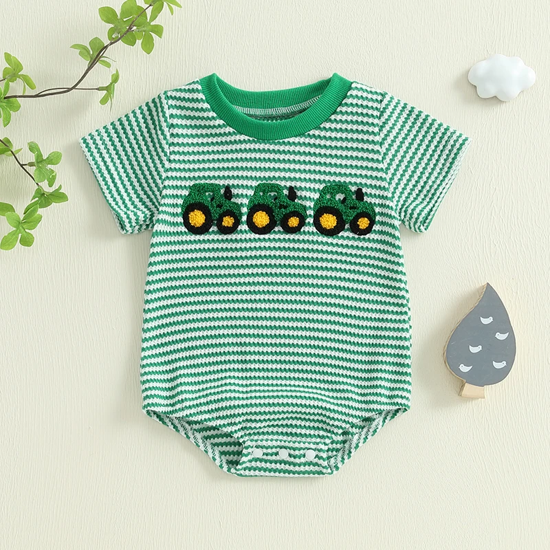 2024-12-04 Lioraitiin Summer Baby Girls Boys Rompers Waffle Truck Embroidery Stripe Short Sleeve Jumpsuits