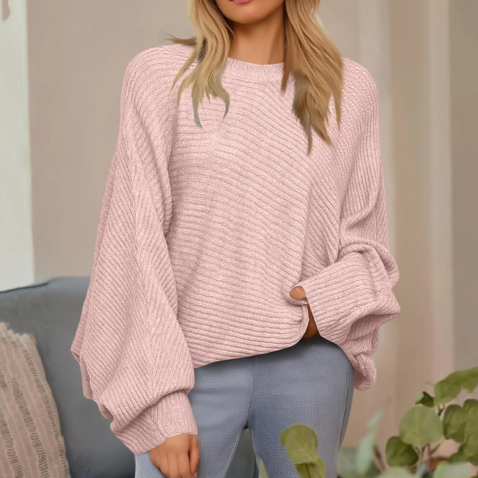 

Женский однотонный свободный вязаный топ с длинными рукавами и круглым вырезом, топы De Mujer, женский свитер