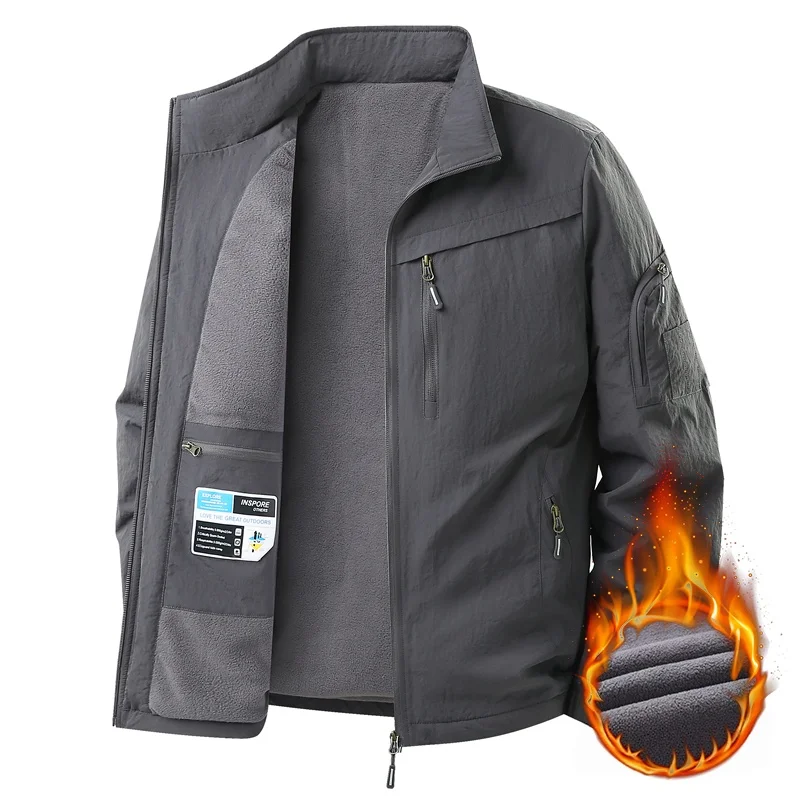 Winter Men's Tactical Fleece Lined Jacket Men Waterproof Multi-Pocket Cargo Jacket Coat Outdoor Warm Hiking Jacket Windbreaker