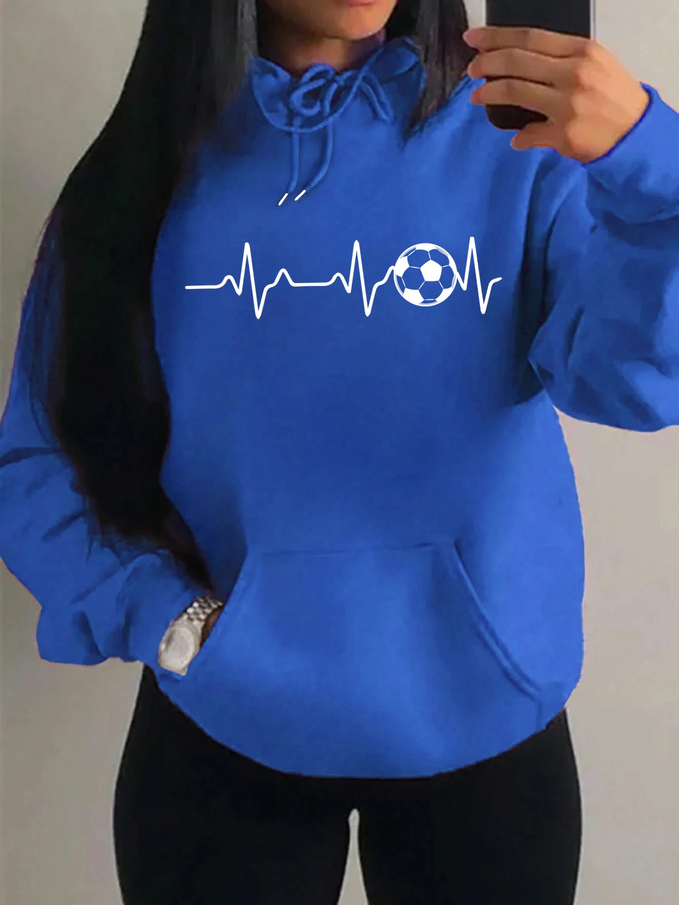 Sudadera con capucha para mujer con diseño de personalidad de electrocardiograma de fútbol, ropa de calle Harajuku, sudadera cálida de lana, sudaderas con capucha de otoño para mujer