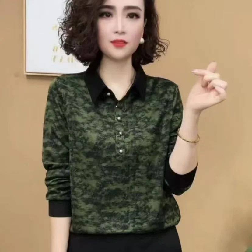 

2025 spring and autumn new fashion versatile long-sleeved thin and age-reducing temperament women's top lapel T-shirt