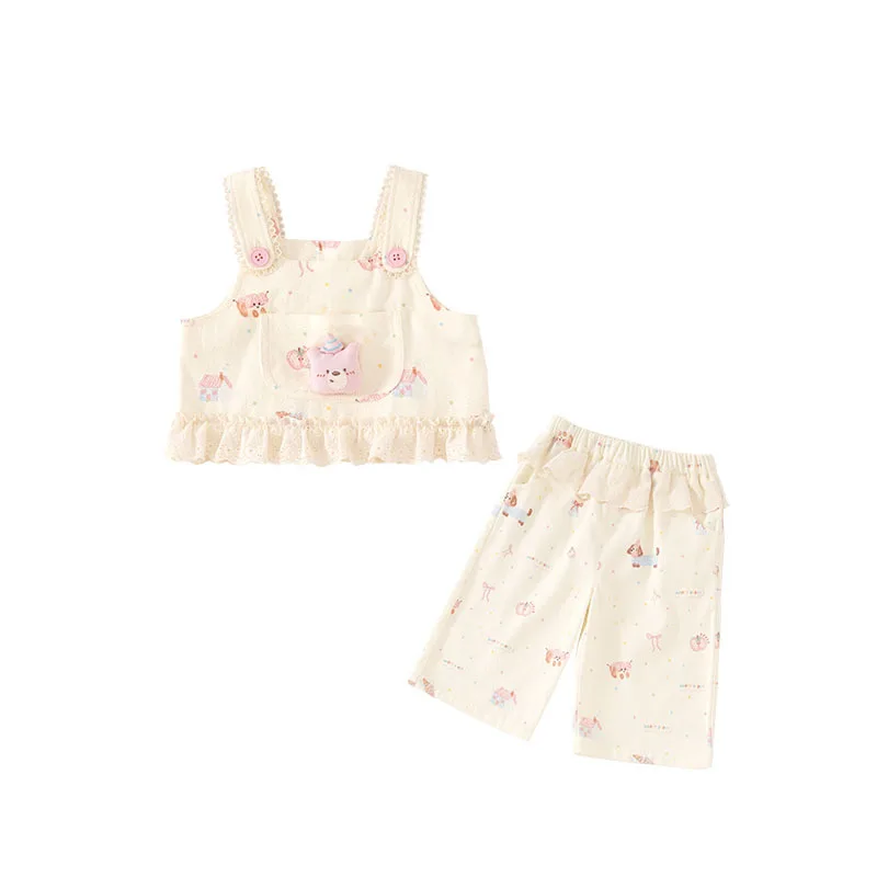 Baby Girls Clothes Sets 2025 New Baby Kids Pocket Suspender Cartoon Vest Waistcoat Pant Bottoming Shirt 3Pcs Suit for Children's