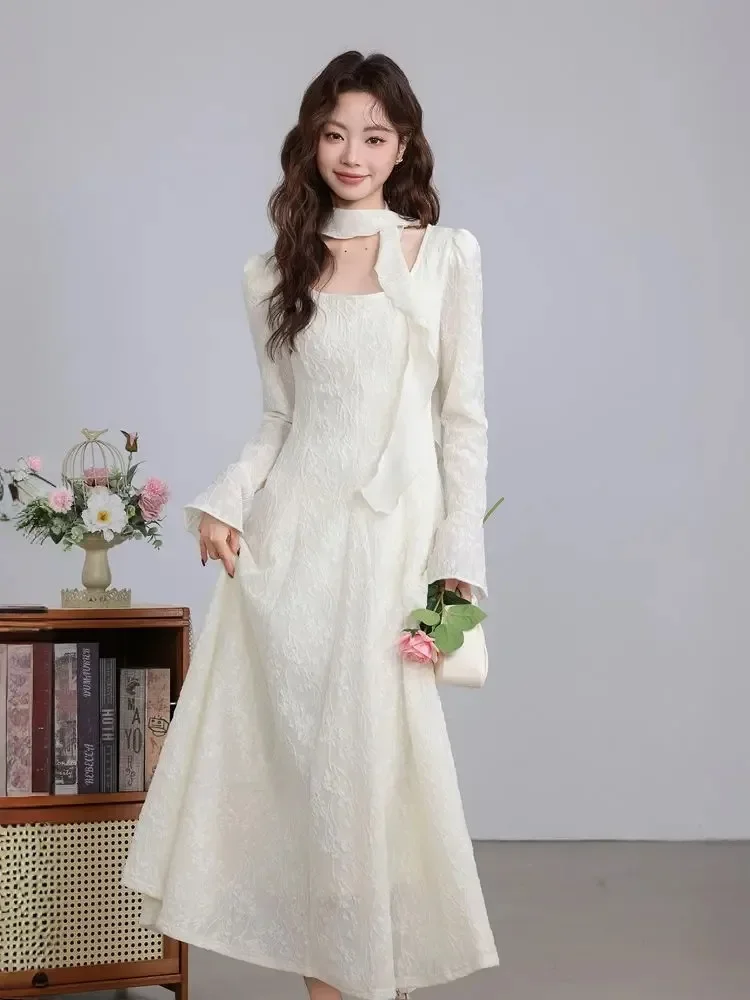 フレアスリーブ女性ドレス固体韓国ファッション春秋レトロ Vestidos Mujer 甘いシンプルシックなロングドレス