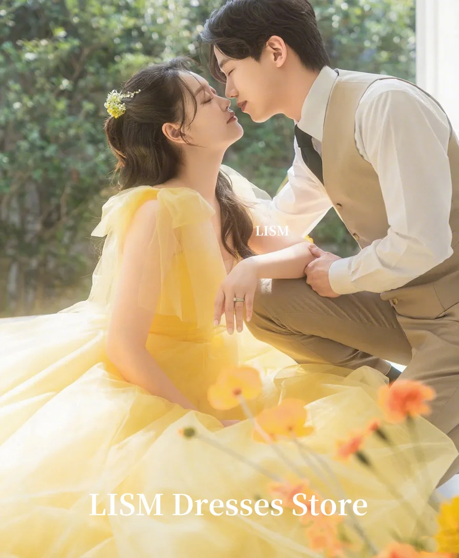 LISM Bright Yellow Korea Wedding Party Dresses Off Shoulder Soft Tulle Luxury Fluffy Party Dress 저녁 드레스 Customize Corsets