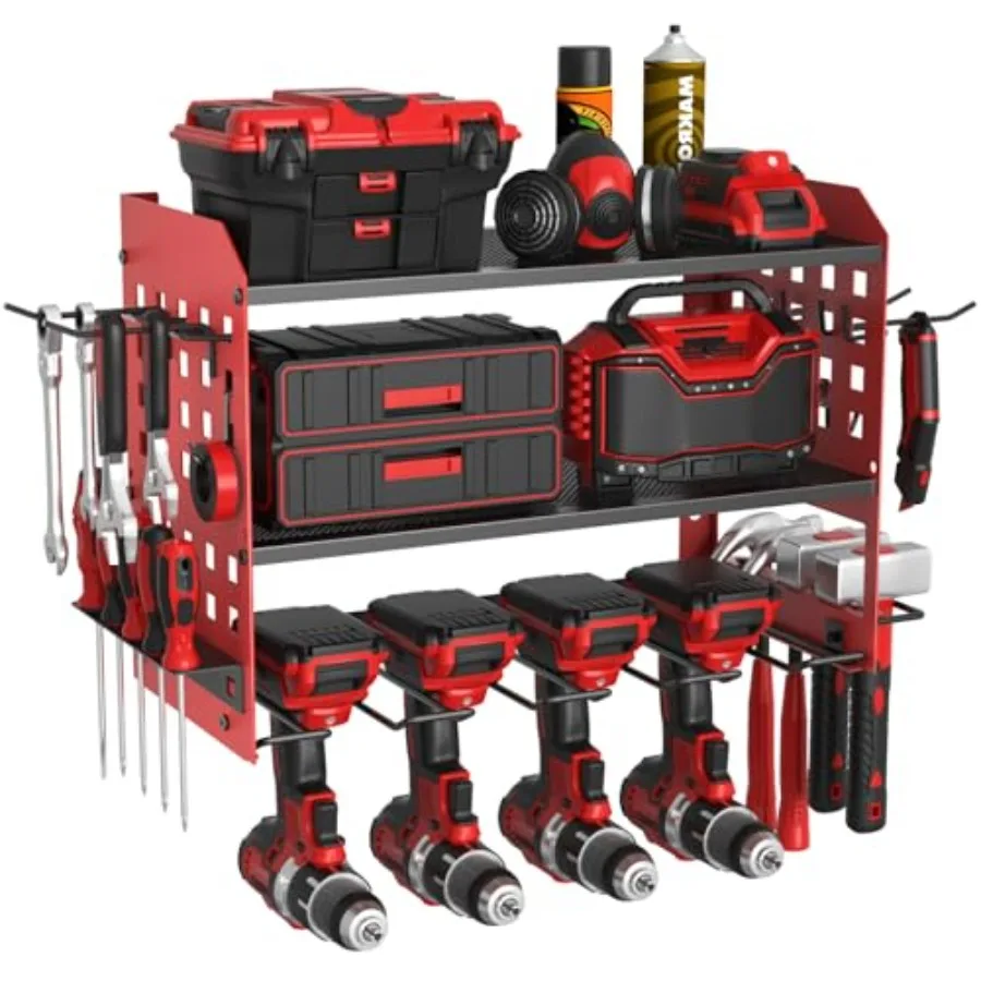 

Power Tool Organizer, Hvy uty Wll Mount Tool Ornizr 3 Lyrs with, Garage Tools Storage Rack with 2 Side Pegboards and Hooks for