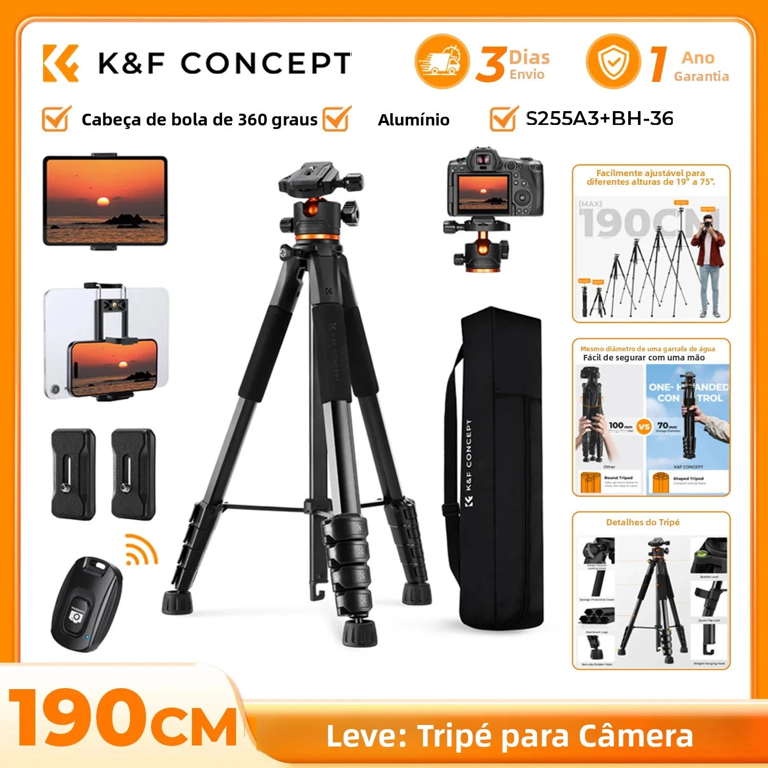 Tripé de Câmera K&F CONCEPT de 75 Polegadas/190cm, Leve para Viagens ao Ar Livre, Tripé DSLR com Clipe para Celular e Controle Remoto para Smartphone