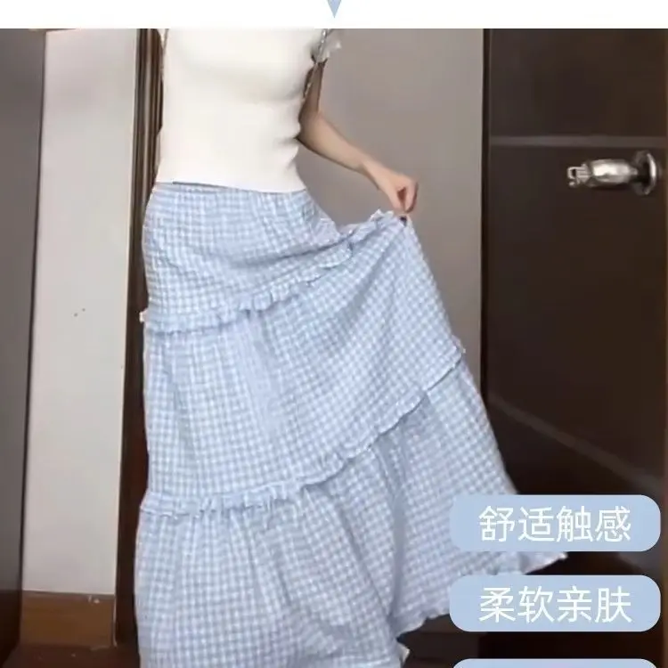 Blue and White Plaid Cake Skirt Women Spring Summer Mid-length High Waist Slimming Big Flared Umbrella
