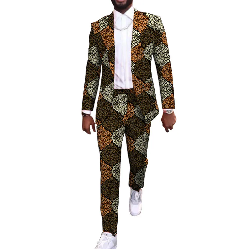 African Party Suit Men Blazers+Trousers Original Design Colorful Print Nigerian Outfits Tailor Made Male Wedding Wear