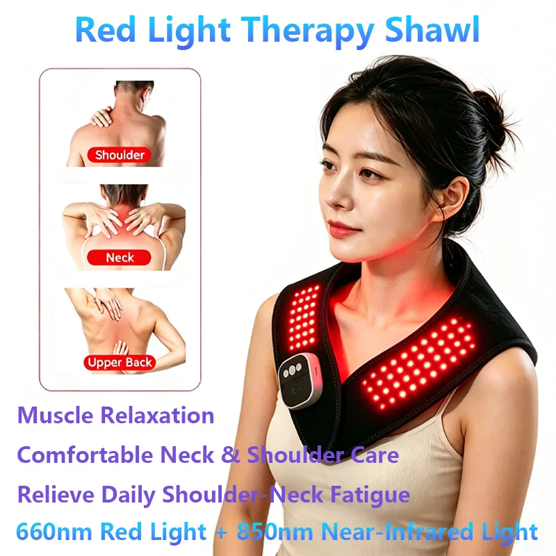 Red Light Therapy Shawl 660nm 850nm Infrared Heating Pad for Neck Shoulder Upper Back Muscle Relax Fatigue Wireless Massage