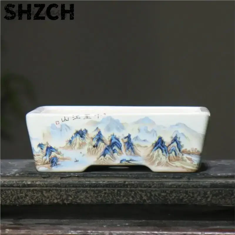 6 Size Chinese Rectangular Hand-Painted Succulent Flower Pot Ceramic Bonsai Pot Household Desktop Decorative Flower Pot LE374