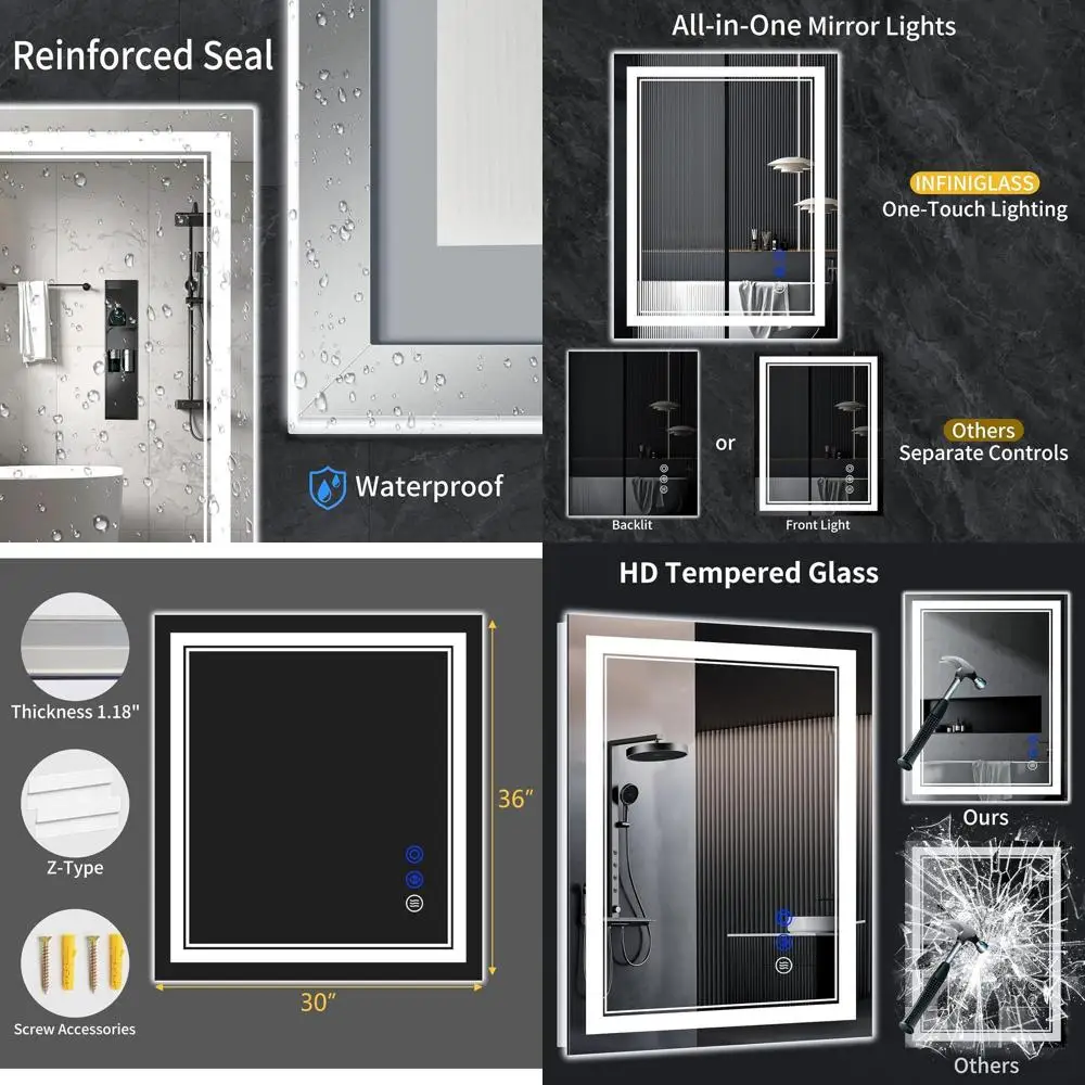 

Anti-Fog LED Bathroom Mirror, 36x30, Stepless Dimmable, 3 Color Modes, Tempered Glass, Waterproof, Memory Function