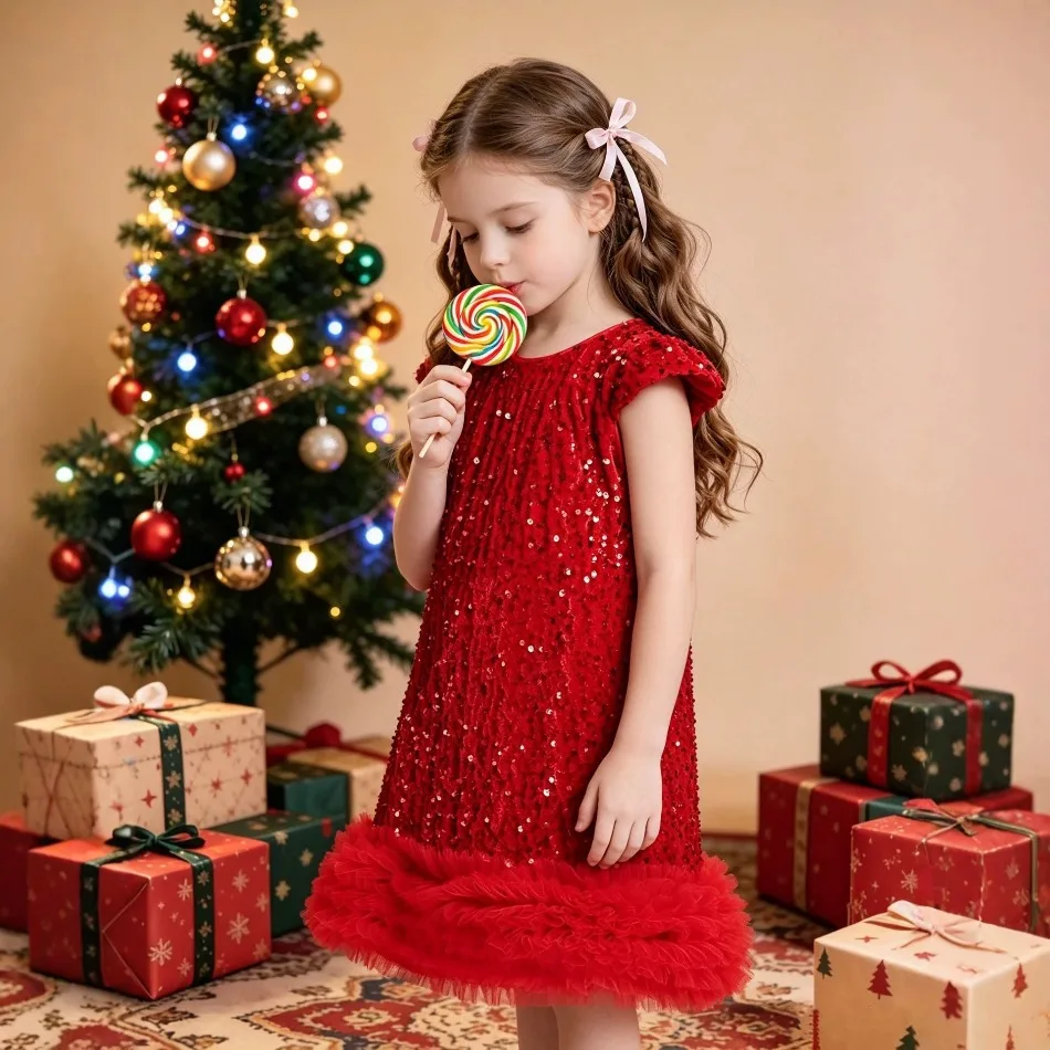 Girls Red Sequin Princess Dress Flutter Sleeve Tulle Hem Party Gown Kids Christmas New Year Costume Birthday Evening Dress ZD36