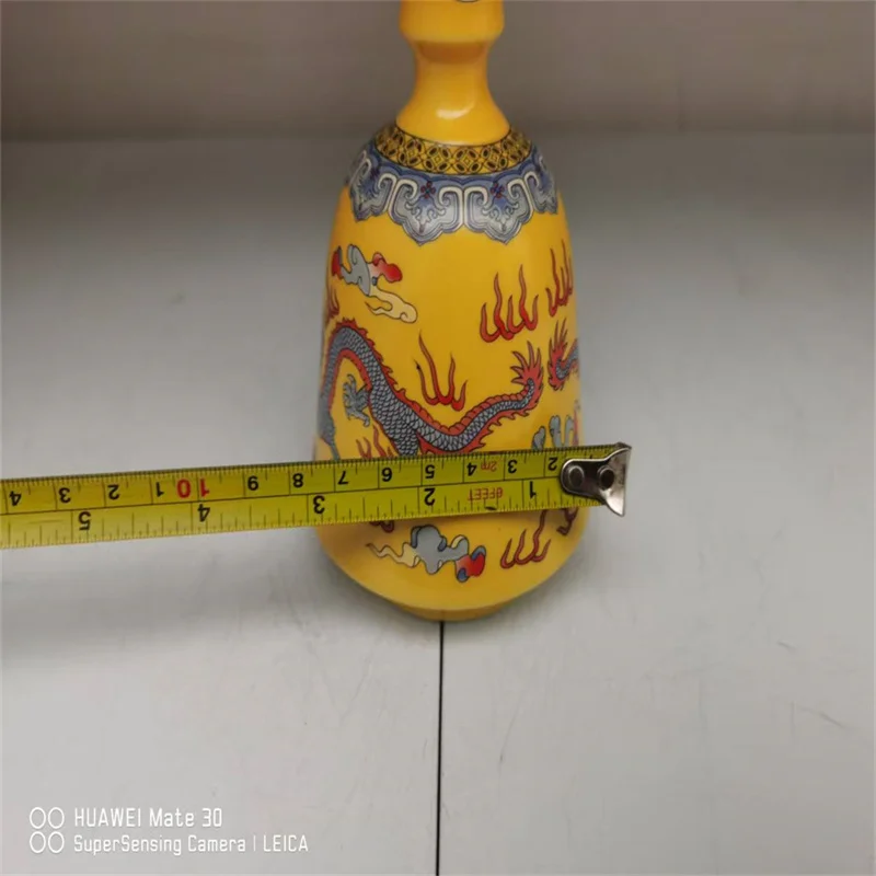 Chinese Old Porcelain, yellow background enamel colored Double Dragon Pattern vase