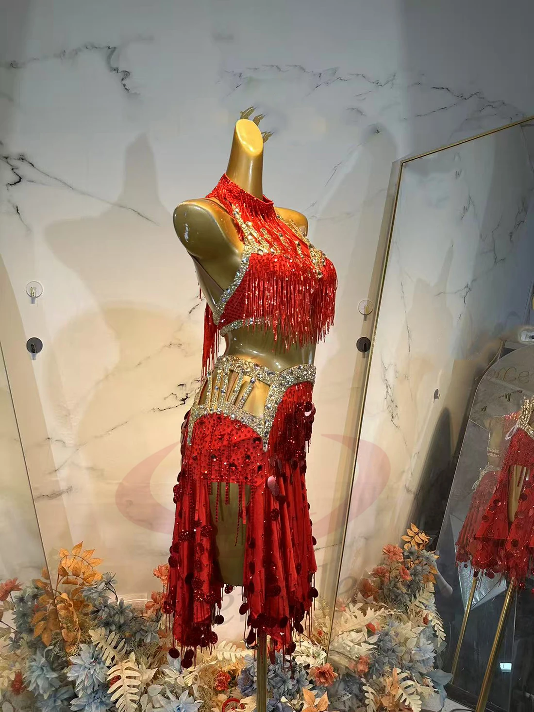 

Latin Dance Adult Children'S Dress AB Stone High-End Custom Gold Red Sequin Tassel Skirt Precisely Tango Women'S Clothing