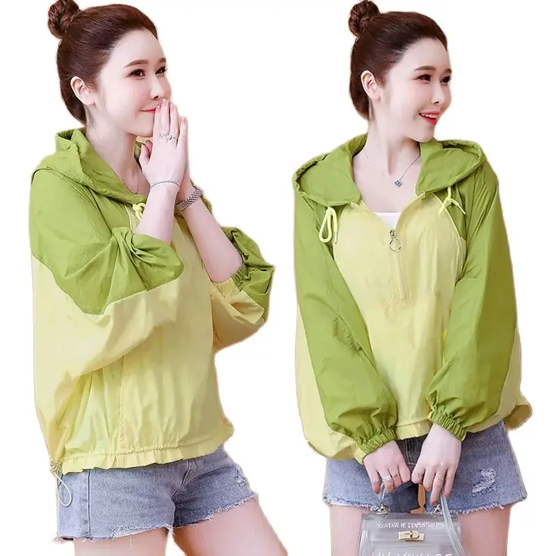 Lightweight Breathable Color-Blocking Sunscreen Clothing Women's Jacket New 2022 Summer Loose Hooded Long-Sleeved Short Coat