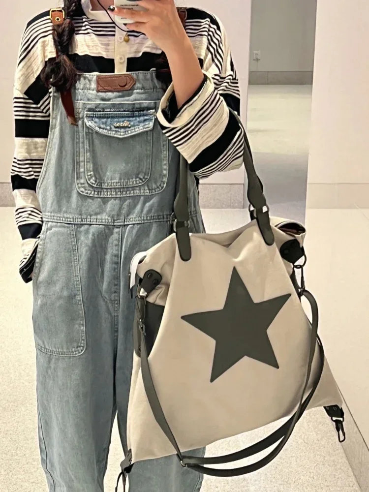 2023 New Retro Old Large Capacity Canvas Leather Star Bag Ins Niche Design Shoulder Crossbody Handbag A Bag Three Uses