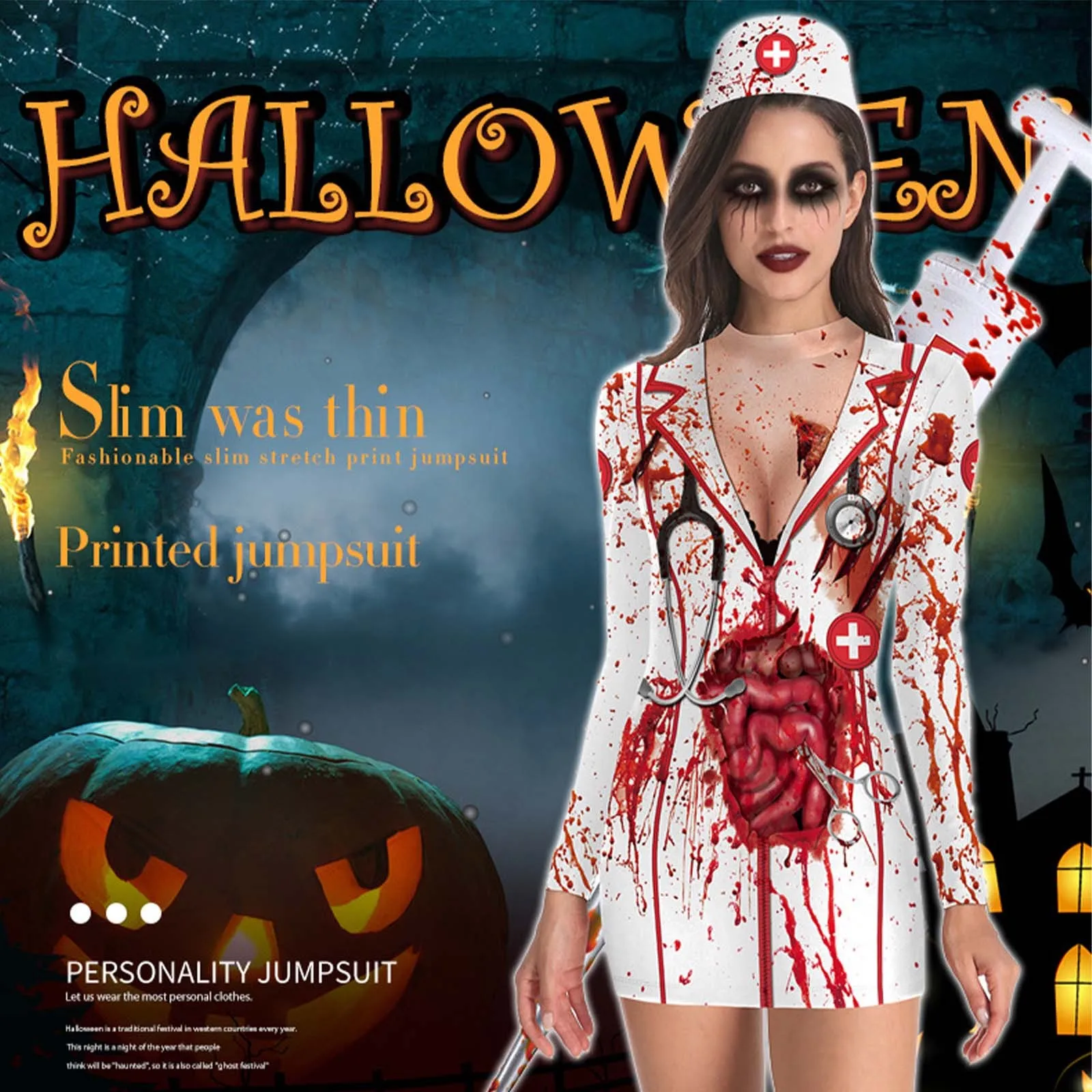 Women's Halloween Horror Blood Nurse Uniform Cosplay Costume Dress Round Neck Slim Fit Long Sleeve Zombies Masquerade Suit