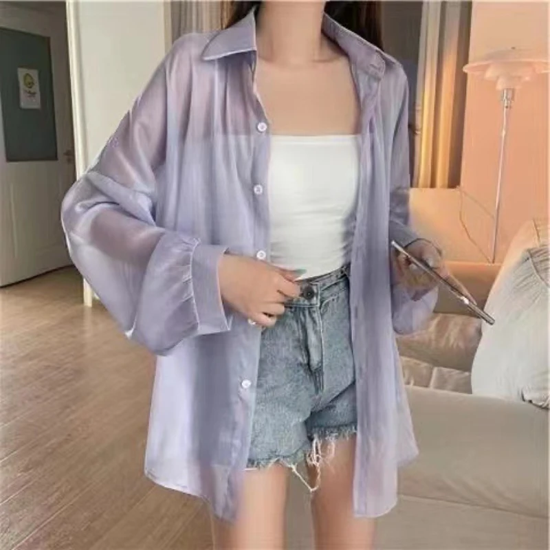 

Ice silk women's shirt solid color loose casual jacket high mystery