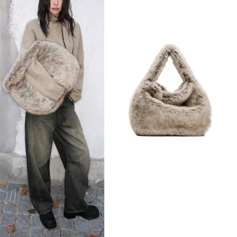Elegant Winter New Women's Bag Zipper Inner Pocket Artificial Fur Effect Drawstring Single Shoulder Bucket Bag Ladies Handbag