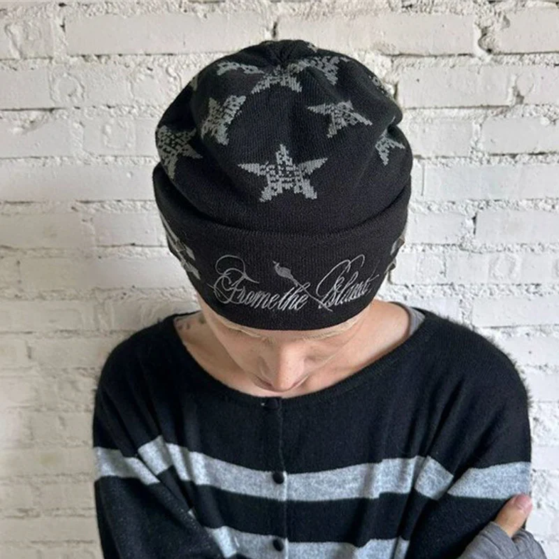Hip Hop Rivet Embroidery Visual Subculture Cold Hat Men Women Autumn and Winter Star Jacquard Striped Big Head Wool Hat