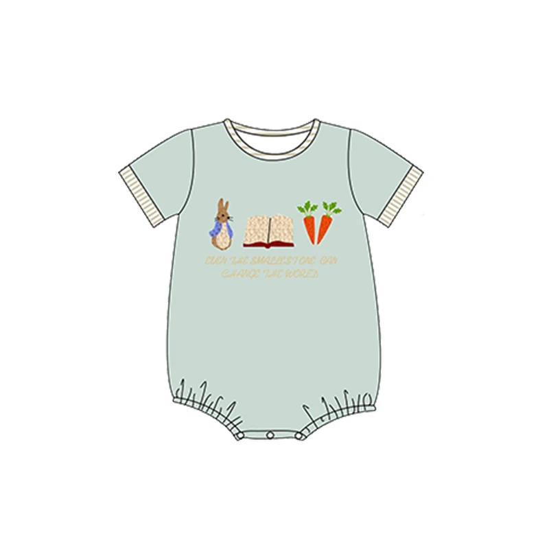 Easter Boutique Short Sleeve Round Neck Rabbit French Knot Girl Green Romper Boy Blue Top Clothes And Pleated Skirt Pants