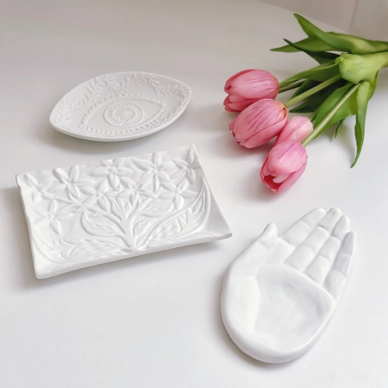 French retro relief ceramic tray,soap dish,Multifunctional Tray for Aromatherapy/Jewelry Storage,Bathroom vanity storage decor