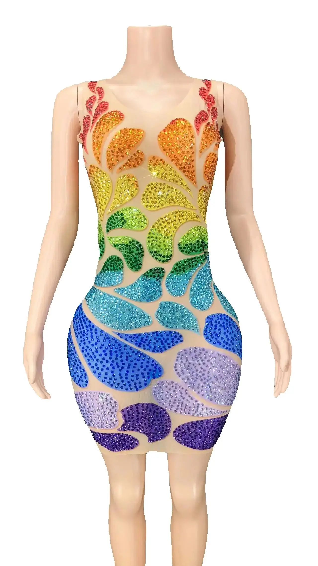 

ZD Women's Sexy Sparkly Multicolor Rhinestones Sleeveless Mesh Transparent Short Dress for Birthday Prom Dance Celebration