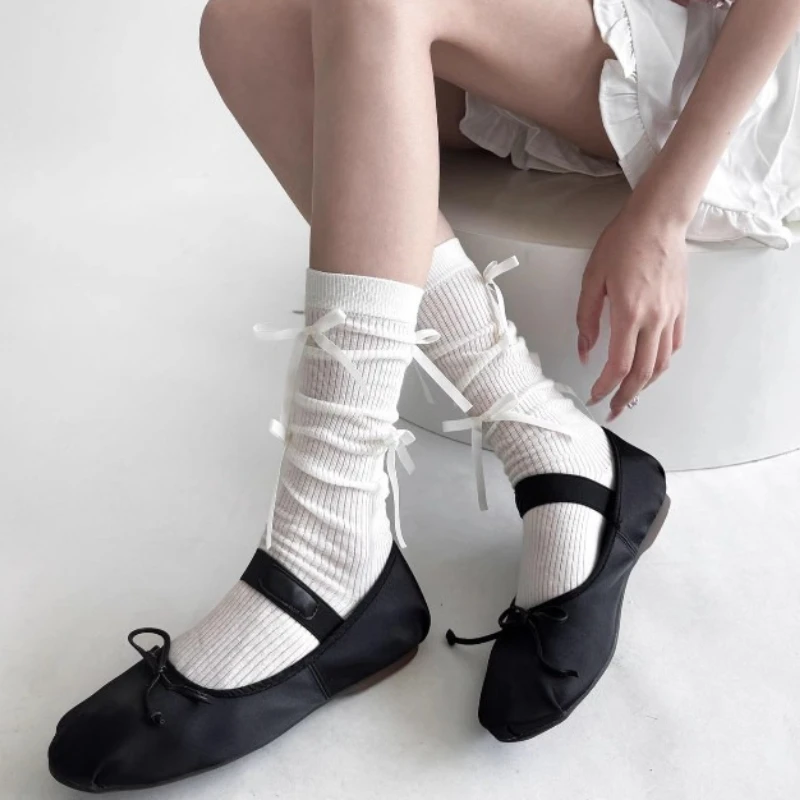 Women's New White Grey Long Socks Multi Bowknot Design Stacked Socks Ballet Style Cute Lolita Solid Color Striped Mid-Calf Socks
