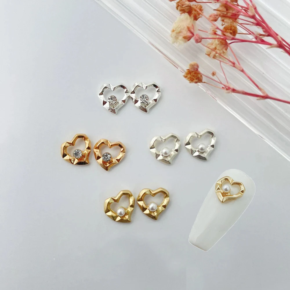 10 ชิ้น Diamond Love Heart Nail Art Charm Luxury Clear Gold Silver Hollow Heart เครื่องประดับเล็บ DIY ประณีตเล็บอุปกรณ์เสริม