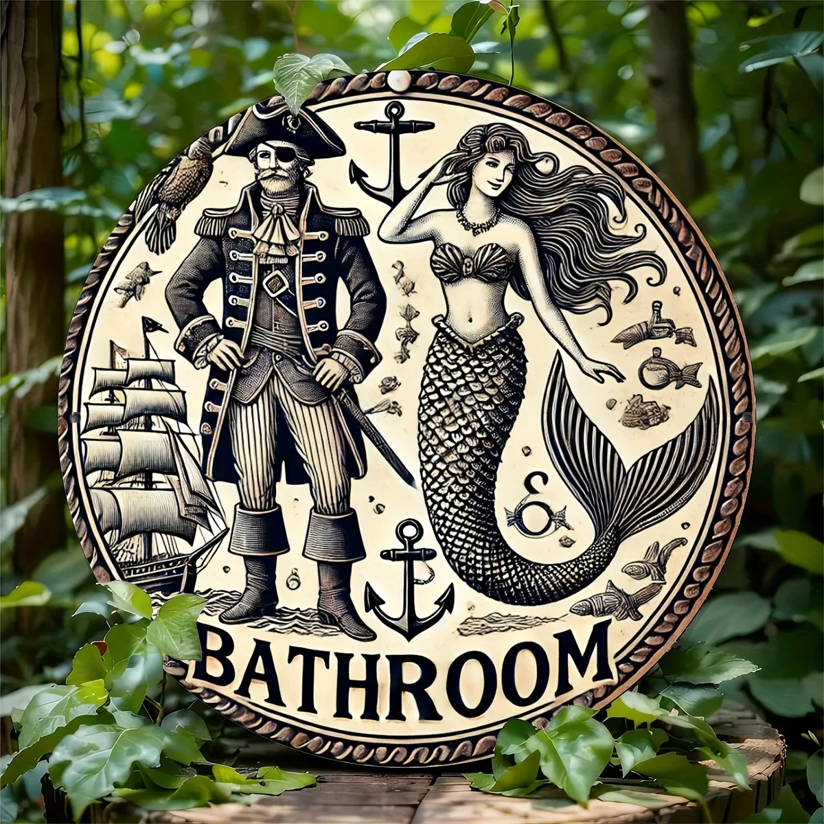 Rundes Vintage-Metallschild „Meerjungfrau und Pirat“, 20,32 x 20,32 cm, Badezimmer-Wanddekoration aus Aluminium für Restaurant, Bar, Café, Garage, Bauernhof