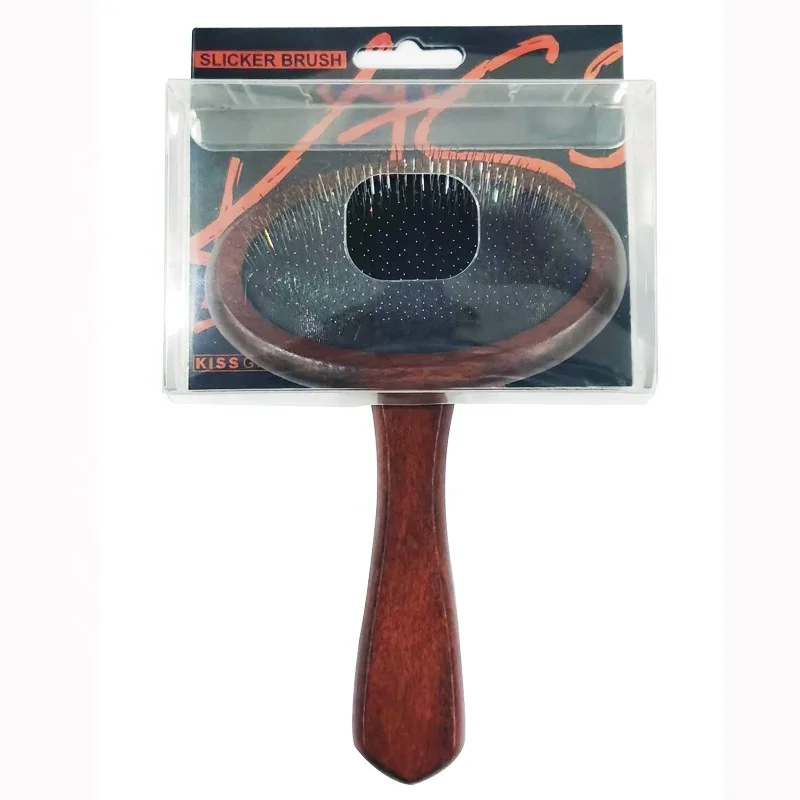 Wooden Handle Slicker Brush Pin Cleaning Pet Grooming Cat Dog Hair Slicker Brush Wholesale Steel Box Nature Wood Handle 80g