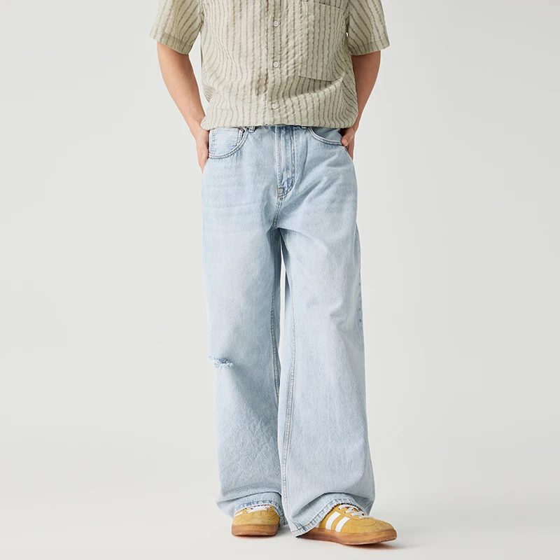 

Summer Men's Jeans Hole Design Cleanfit Distressed Men American Style Washed Straight Casual Pants Trendy Streetwear