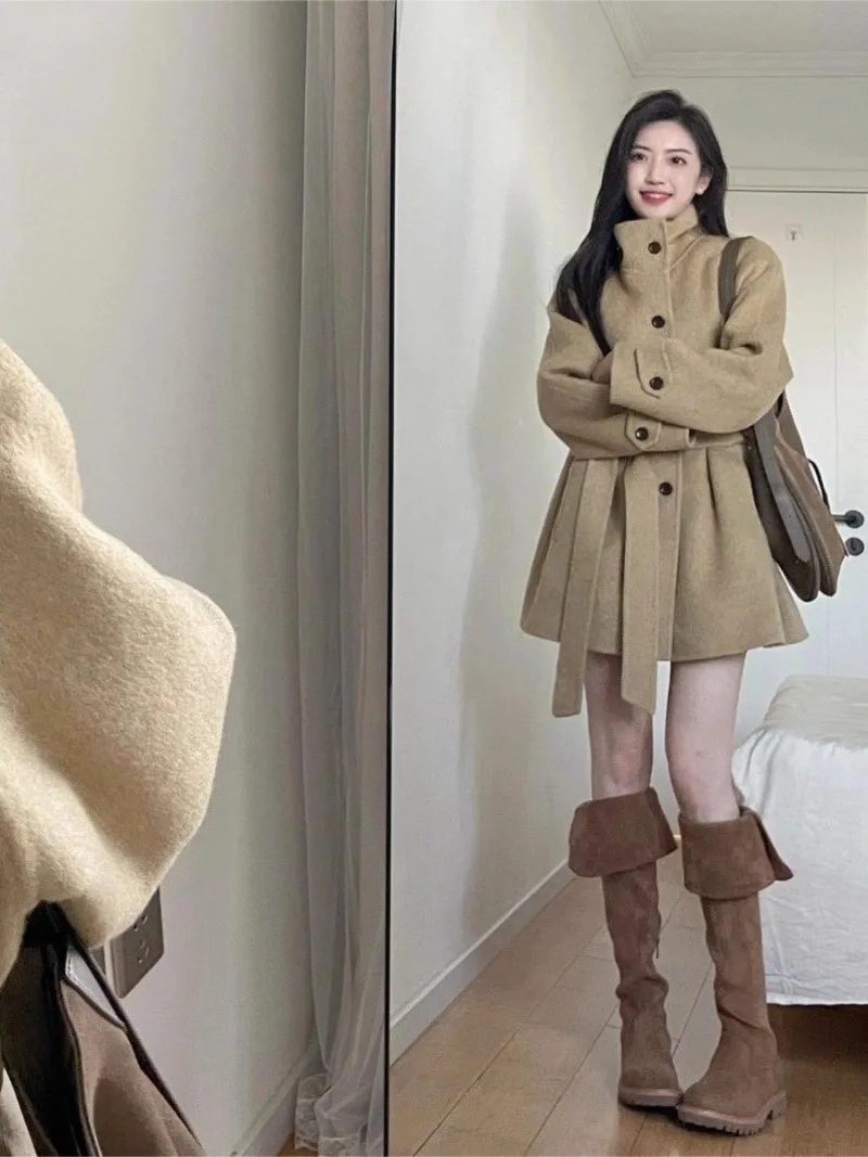 2025 Korean Woolen Jacket Female Student CollegeStyle Jacket New Ladies Autumn Winter Mid-length Wool Overcoat Windy Woolen Coat