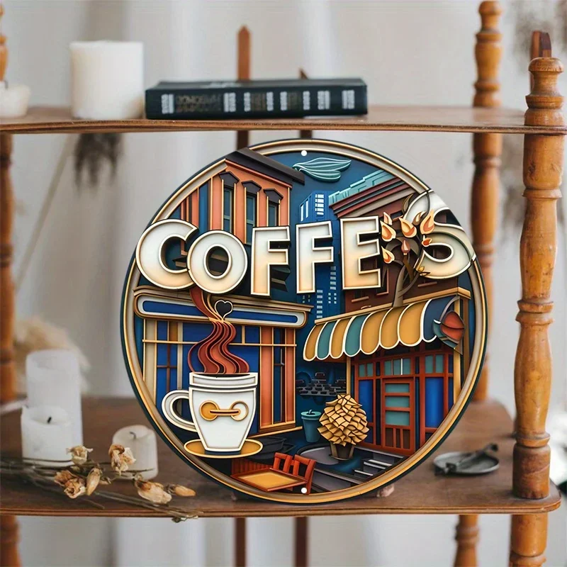 Aluminum Round Coffee Sign Metal Wall Decor with HD Printing & Pre-drilled Hanger