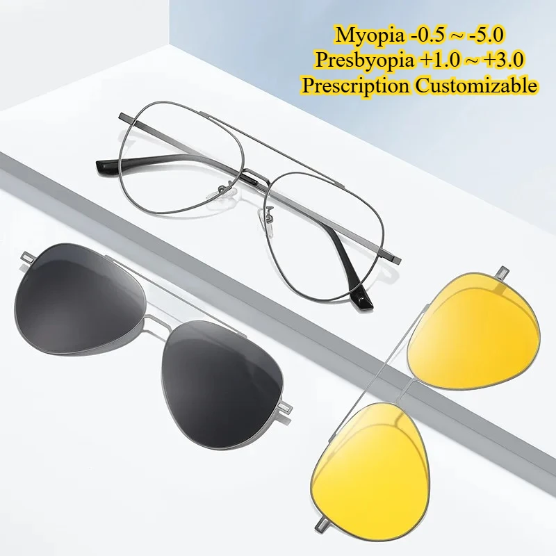 

Myopia Customizabled Aviation Magnetic Polarized Clip On Sunglasses Pilot Men Night Vision Eyeglasses Frame UV400 Women Sunshade