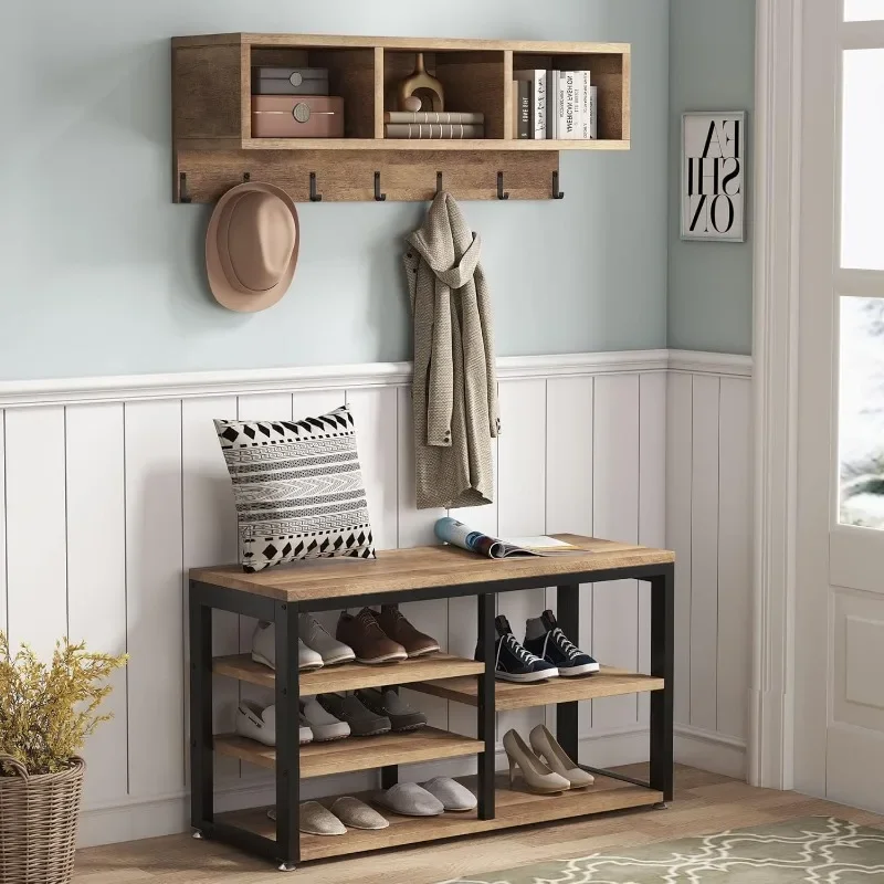 Coat Rack Set, Hall Tree, Industrial Shoe Bench, 3 Storage Cubbies, 7 Hooks for Entryway, Hallway, 5-in-1Design,