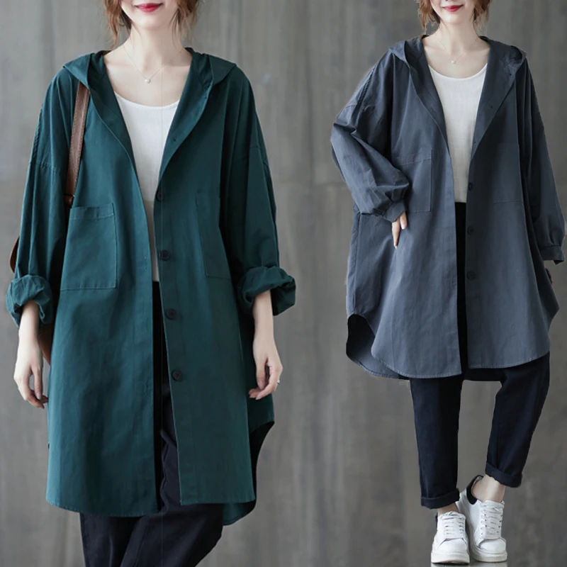 

Women's Hooded Jaet Mid-Length Spring Autumn New Loose plus Size Casual Workwear Sle Pure Color Versatile Long Sve irt