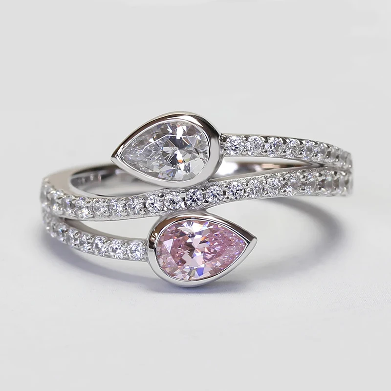 Huitan Neu Waterdrop Rosa/Weiß Zirkonia Ringe Exquisite Trendy Hochzeit Band Zubehör Frauen Zarte Edlen Schmuck