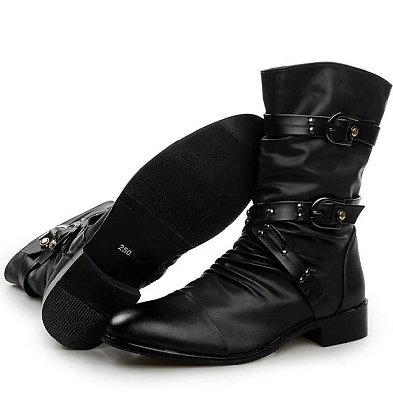 Men\'s Leather Boots High Quality Biker Boots Black Punk Rock Shoes Men\'s Women\'s Tall Boots Size 38--48