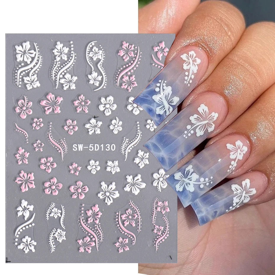 5D Hibiscus Flower Nail Embossed Sticker Acrylic White Pink Petal Leaf Adhesive Decal Butterfly Dragon Floral Elegant Decor Foil