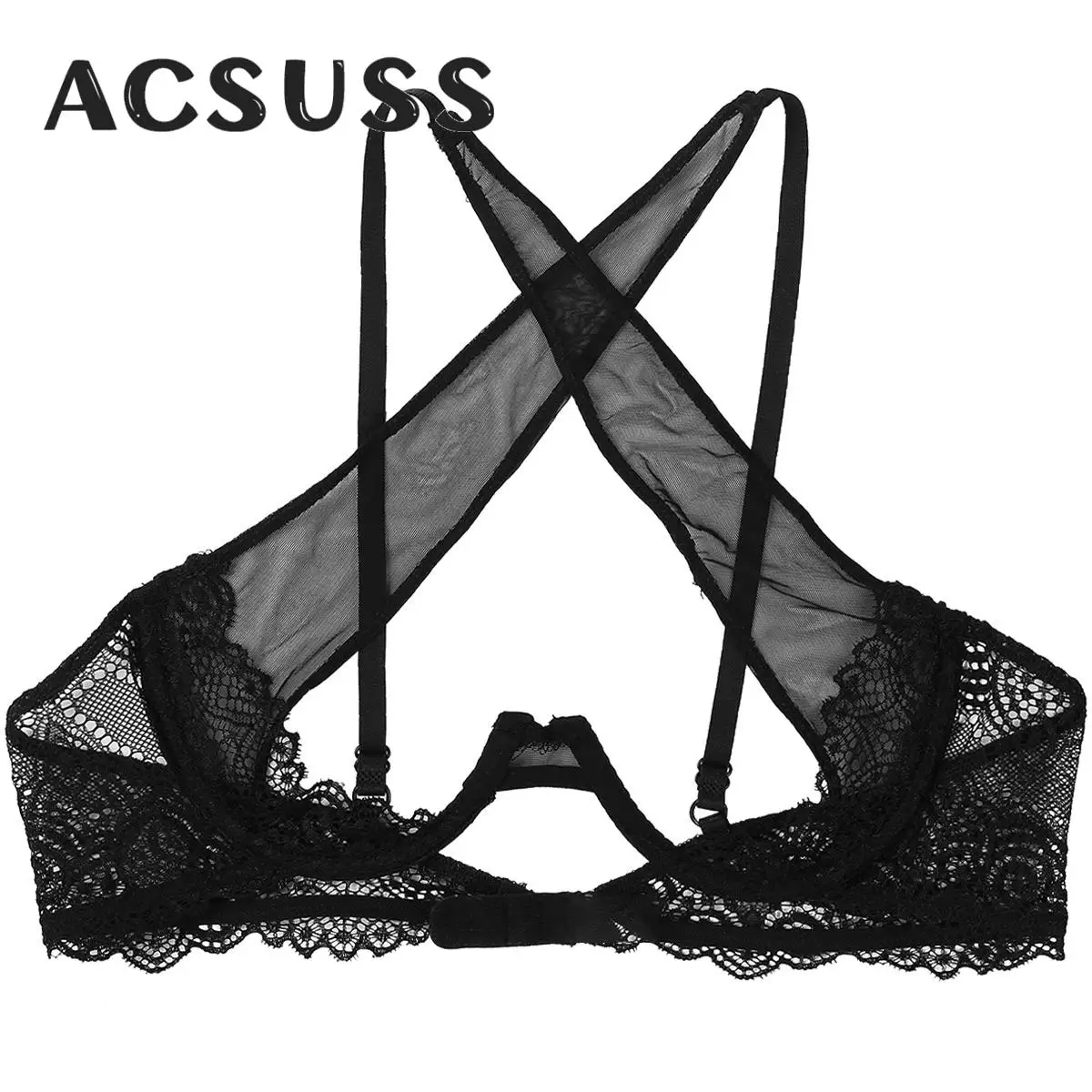 

Womens Sexy Lingerie See Through Sheer Mesh Bra Top Adjustable Spaghetti Straps Crisscross Front Underwired Brassiere Underwear