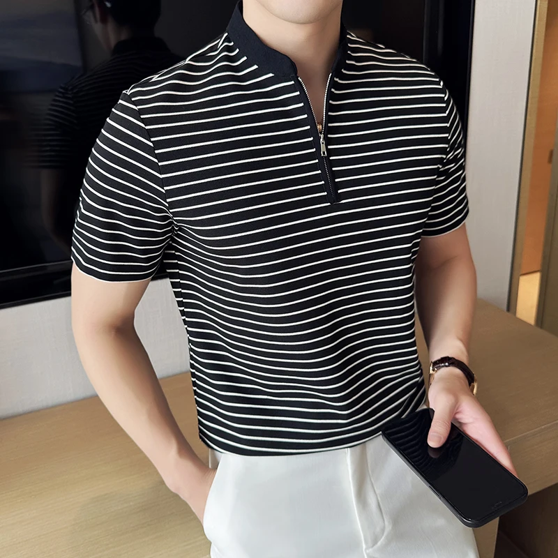 

Chinese Style Polo Shirt Men Stand Up Collar Striped Half Zip Short Sleeved T-shirt Fashion Casual Business Social POLO Tshirts