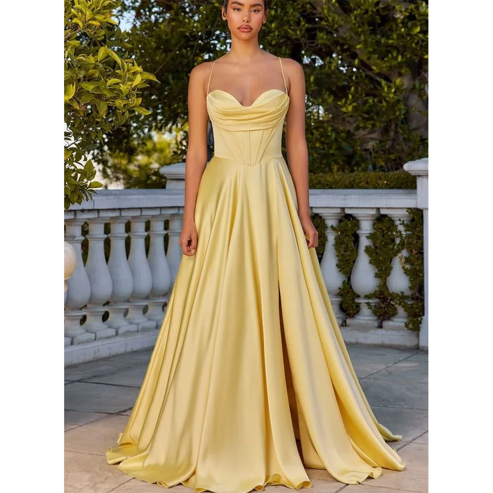 

Elegant Evening Dresses Women Spaghetti Strap Sweep Train High Quality Floor Length Customized Formal Event Wedding Prom Gowns